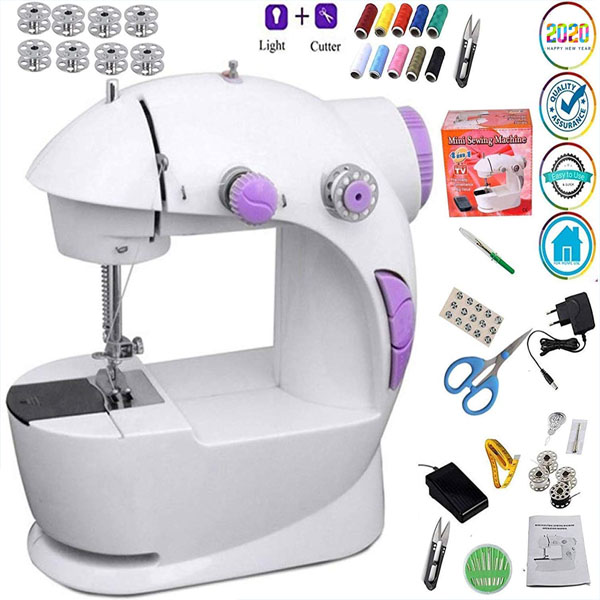 4 In One Compact And Portable Sewing Machine With Adapter And Food Pedal Mini Household Purple Electric Sewing Machine Speed Adjustment AC100-240V Double Threads Sewing Machine"